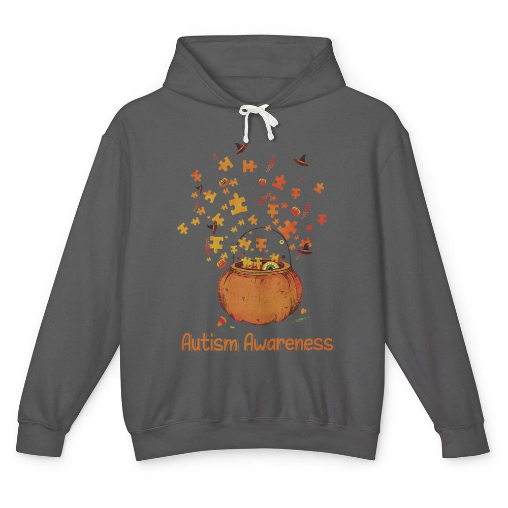 Halloween Autism Awareness Puzzle Piece Pumpkin Fall Unisex Lightweight Hoodie