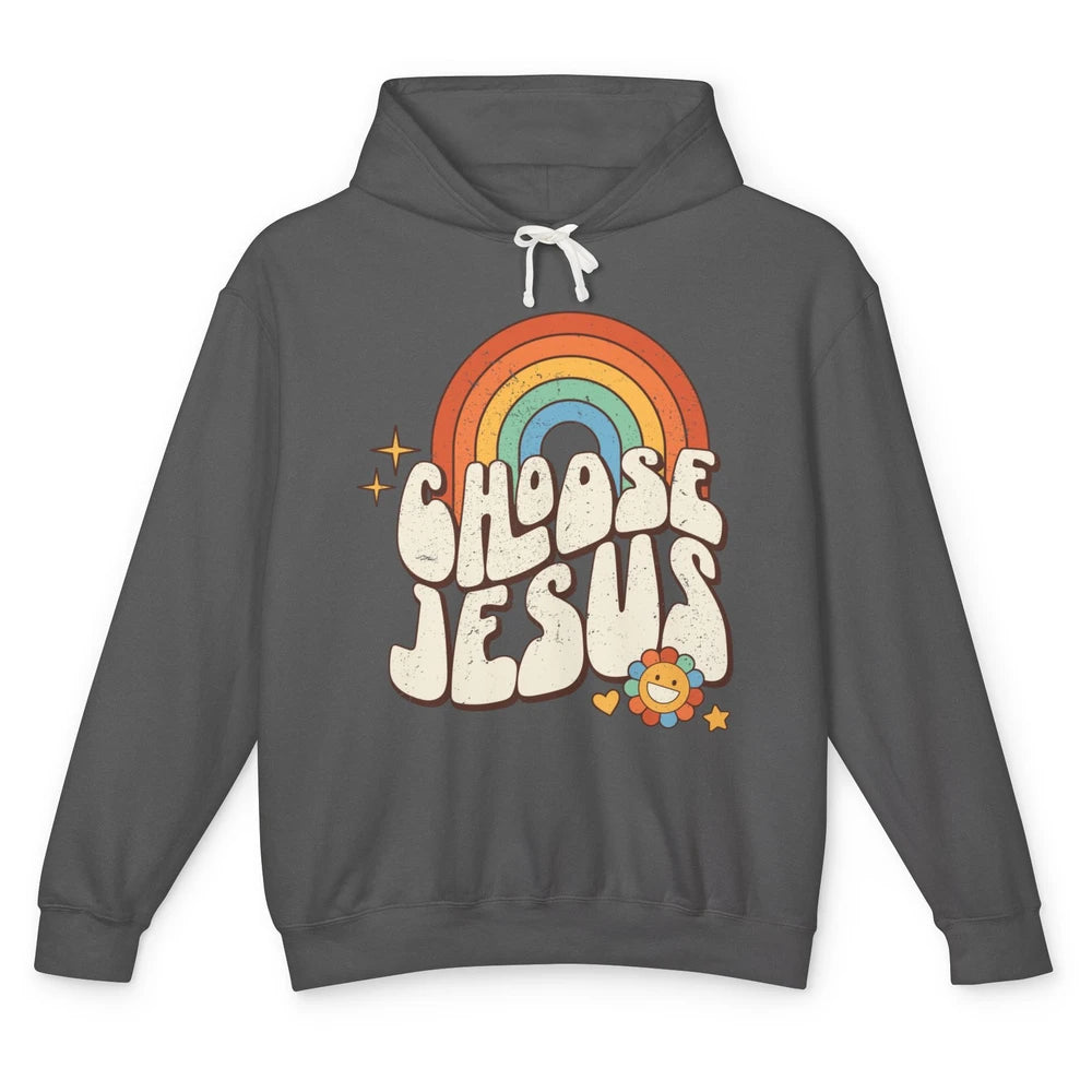 Retro Rainbow Groovy Choose Jesus Christian Religious Unisex Lightweight Hoodie