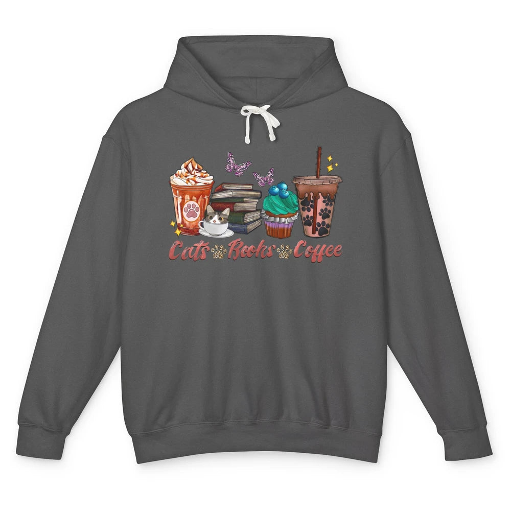 Cats Books Coffee Funny Coffee Paw Books Lovers Reader Gift Unisex Lightweight Hoodie