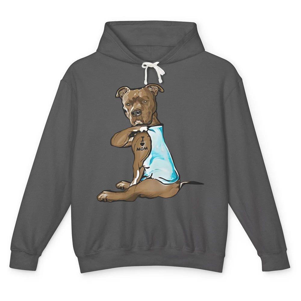 Funny Tan Brown Pitbull Tattoo Mom Bully Dog Fur Pet Mama Unisex Lightweight Hoodie