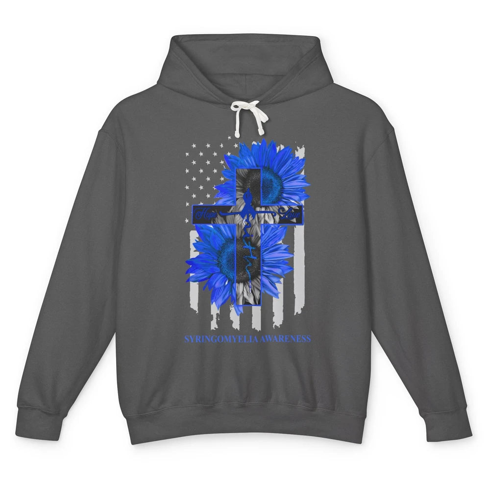 Syringomyelia Awareness Faith Hope Love Blue Ribbon US Flag Unisex Lightweight Hoodie