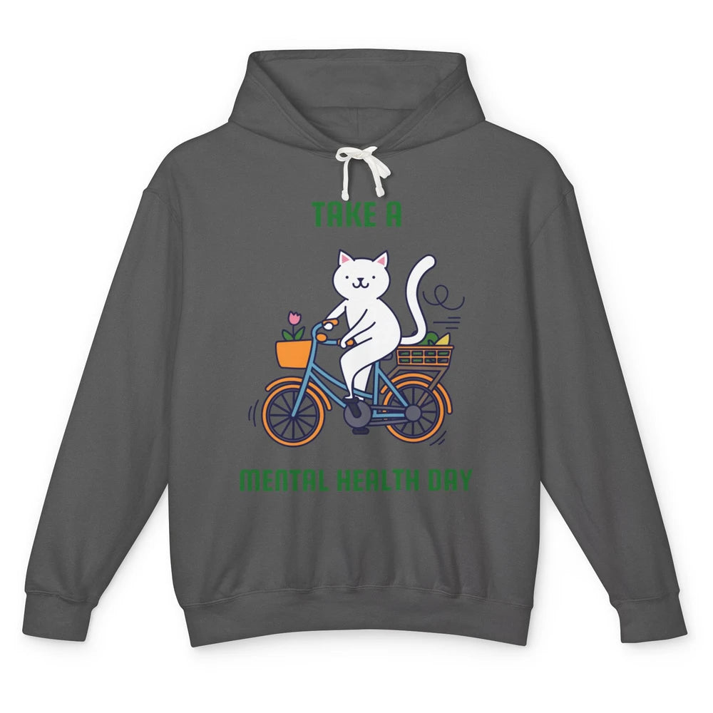 Take A Mental Health Day Cute Cat Bike Positive Therapist Unisex Lightweight Hoodie