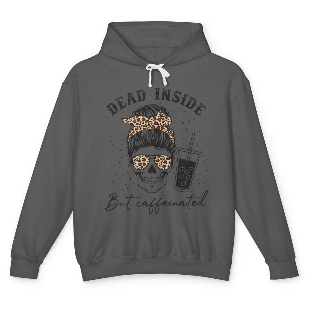 Funny Messy Bun Skull Dead Inside But Caffeinated Leopard Unisex Lightweight Hoodie