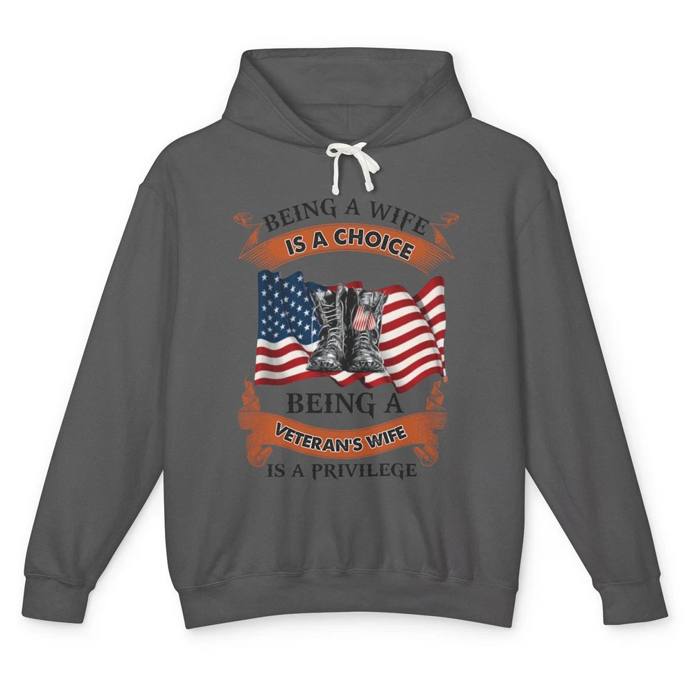 Retro US Flag Combat Boot Being Veteran's Wife Is Privilege Unisex Lightweight Hoodie