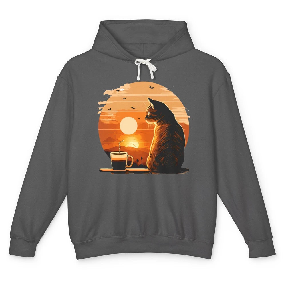 Coffee Cat And Vintage Sunset Love Drinking Coffee At Sunset Unisex Lightweight Hoodie