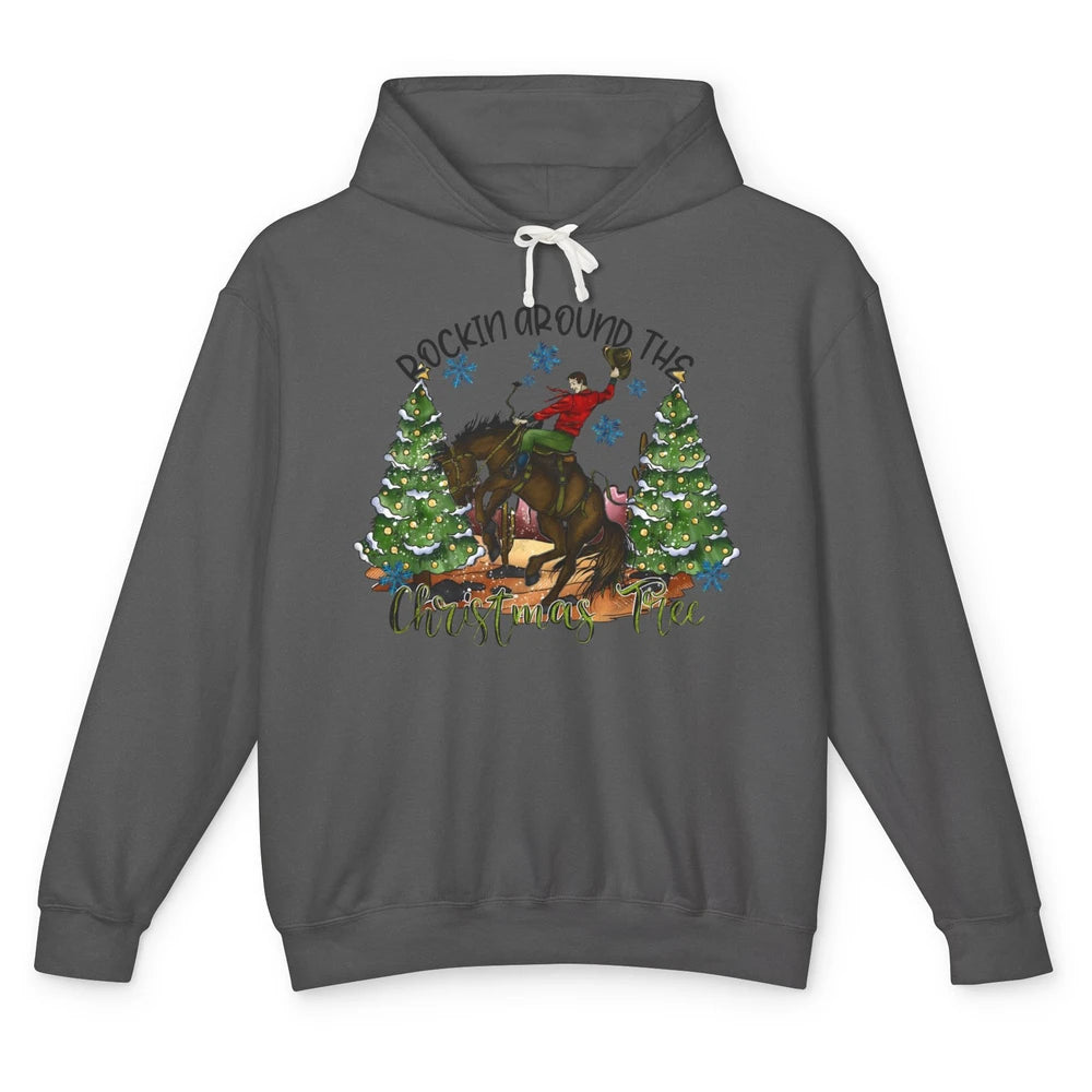 Funny Cowboy Horsing Rocking Around Christmas Tree Western Unisex Lightweight Hoodie