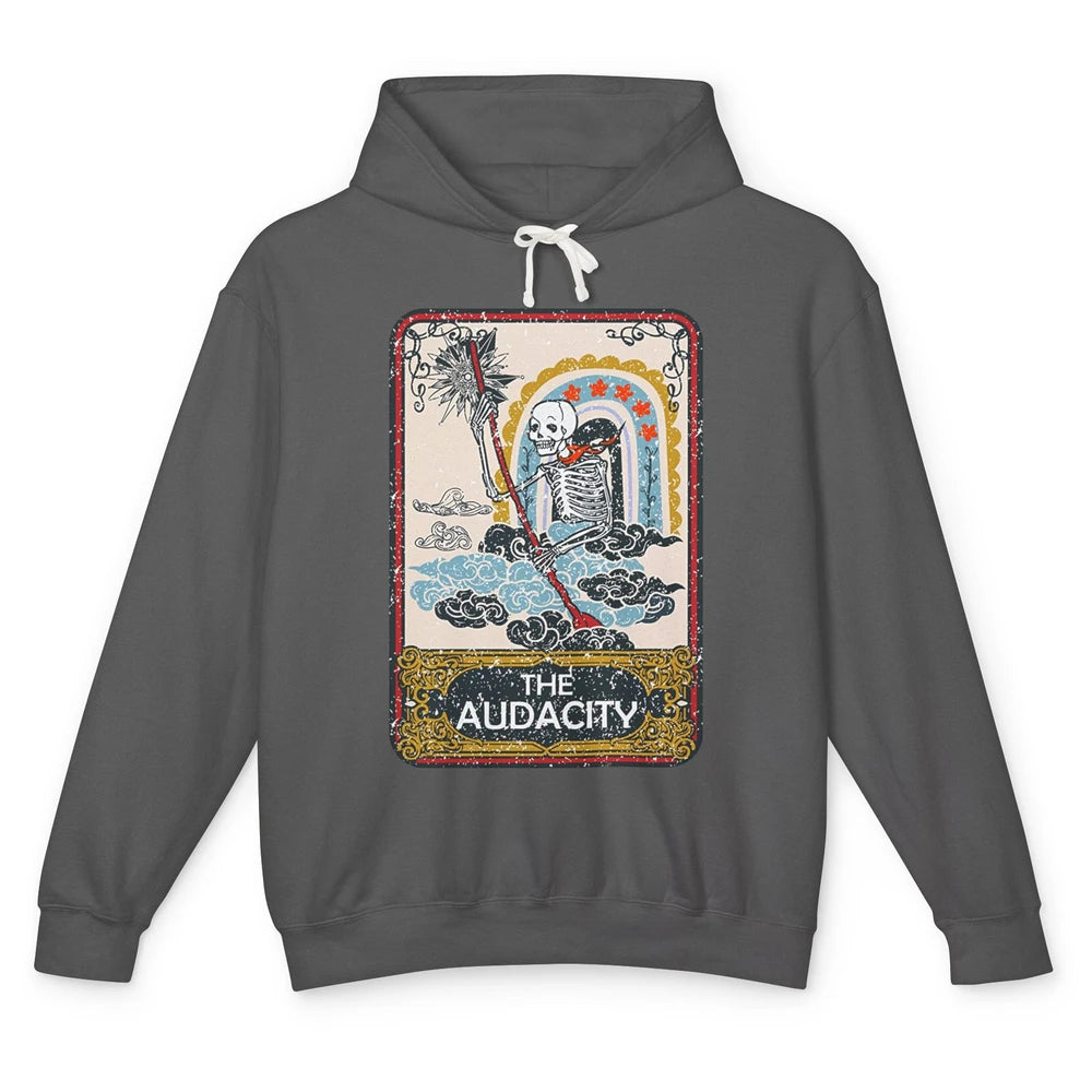 Retro Skeleton Riding Clouds Rainbow The Audacity Tarot Card Unisex Lightweight Hoodie