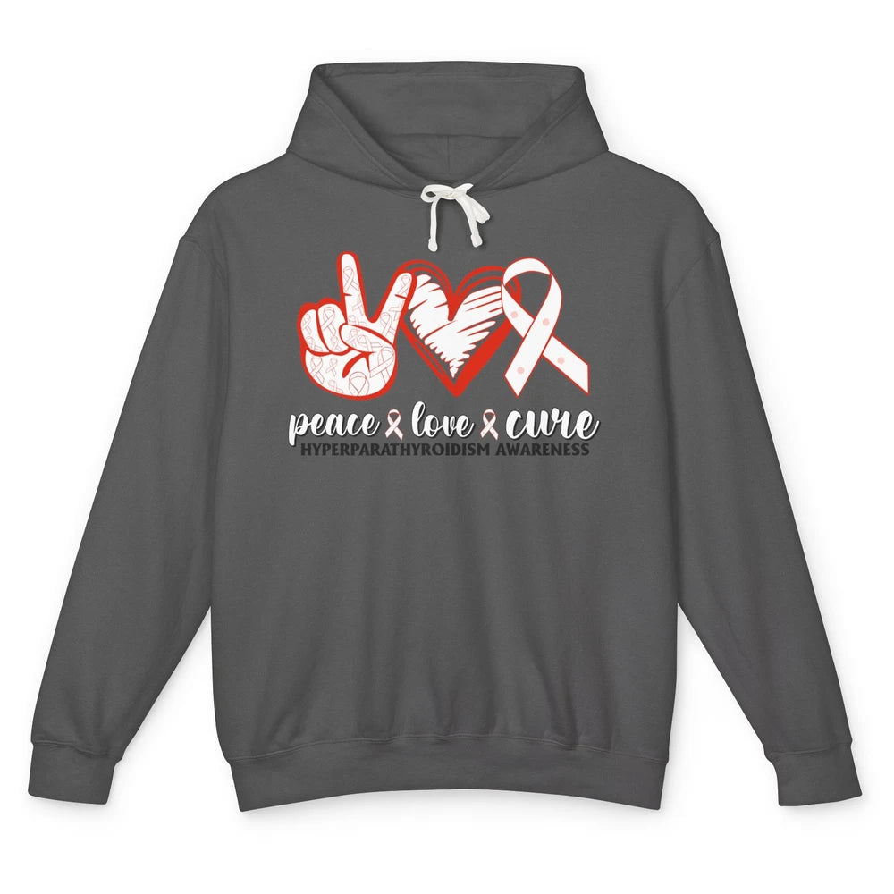 Hyperparathyroidism Awareness Red Ribbon Peace Love Cure Unisex Lightweight Hoodie