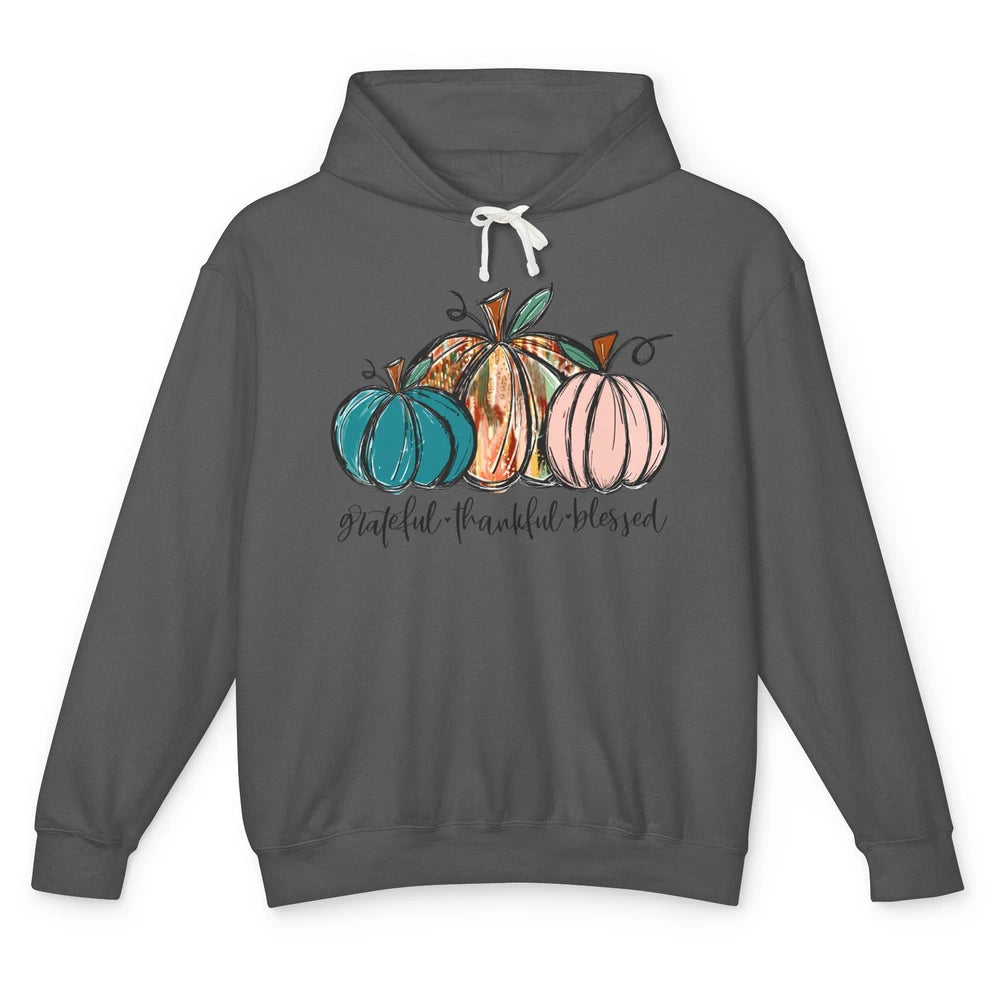 Grateful Thankful Blessed Doodle Pumpkin Fall Thanksgiving Unisex Lightweight Hoodie