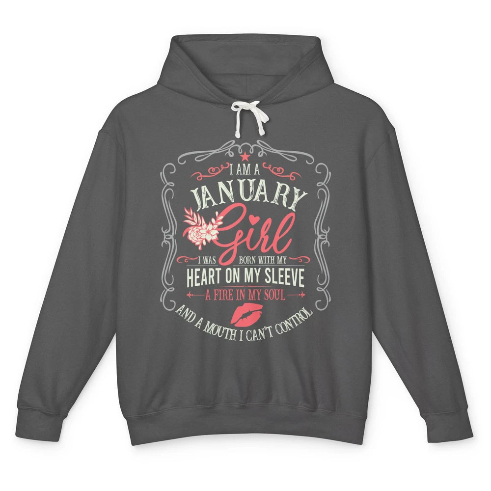 Retro January Girl Born With My Heart On My Sleeve Birthday Unisex Lightweight Hoodie