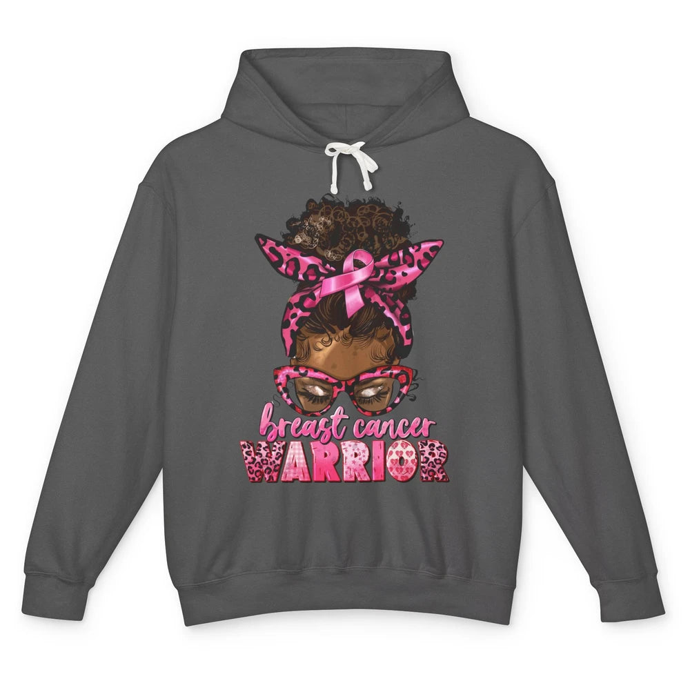 Afro Black Woman Breast Cancer Awareness Messy Bun Leopard Unisex Lightweight Hoodie