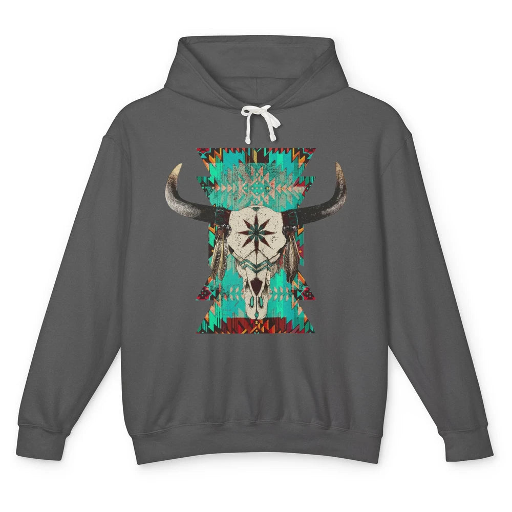 Boho Bull Skull Turquoise Aztec Western Country Rodeo Cowboy Unisex Lightweight Hoodie