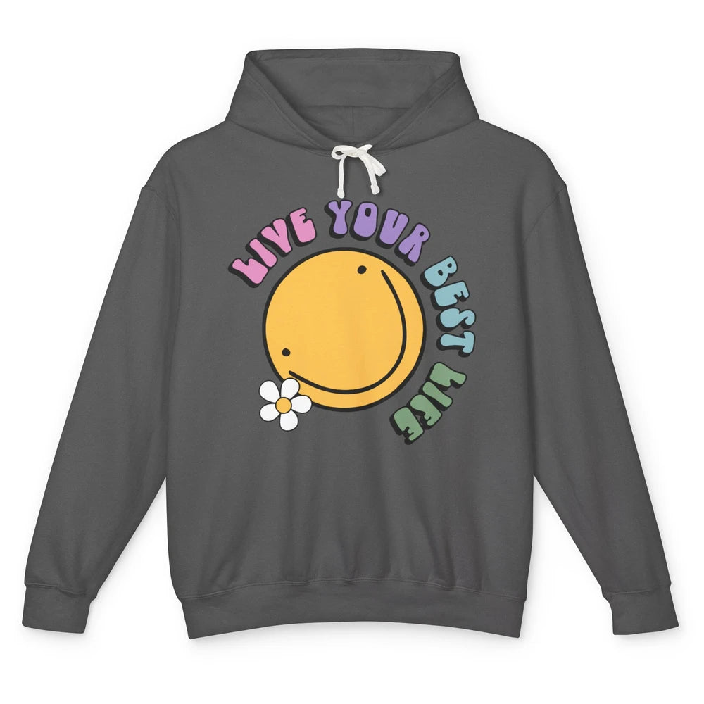 Retro Groovy Smile Face Live Your Best Life Motivational Unisex Lightweight Hoodie