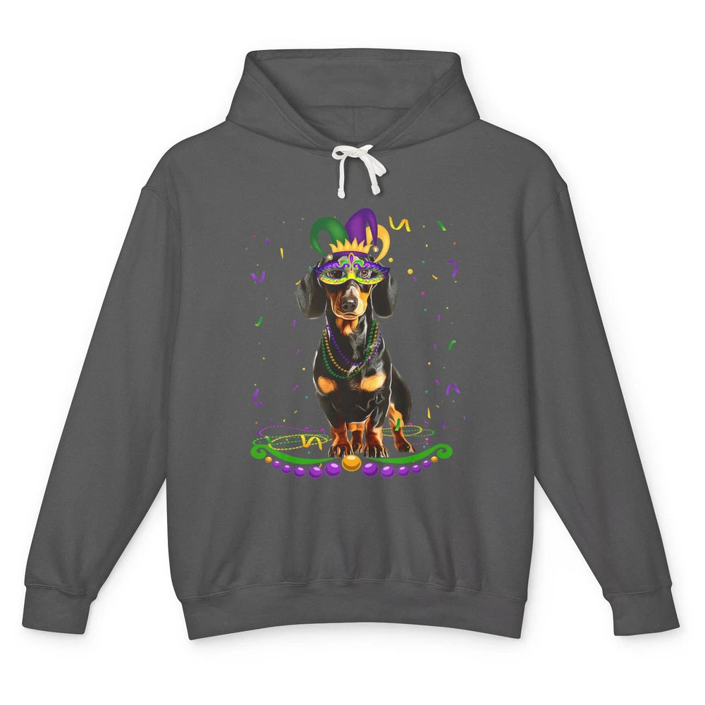 Mardi Gras Dachshund Wearing Carnival Mask Festival Dog Mom Unisex Lightweight Hoodie