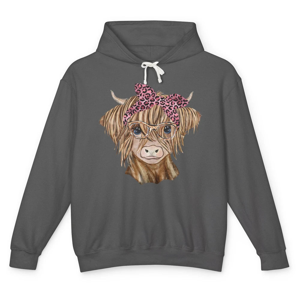 Leopard Bandana Highland Cow Baby Heifer Glasses Farmer Gift Unisex Lightweight Hoodie