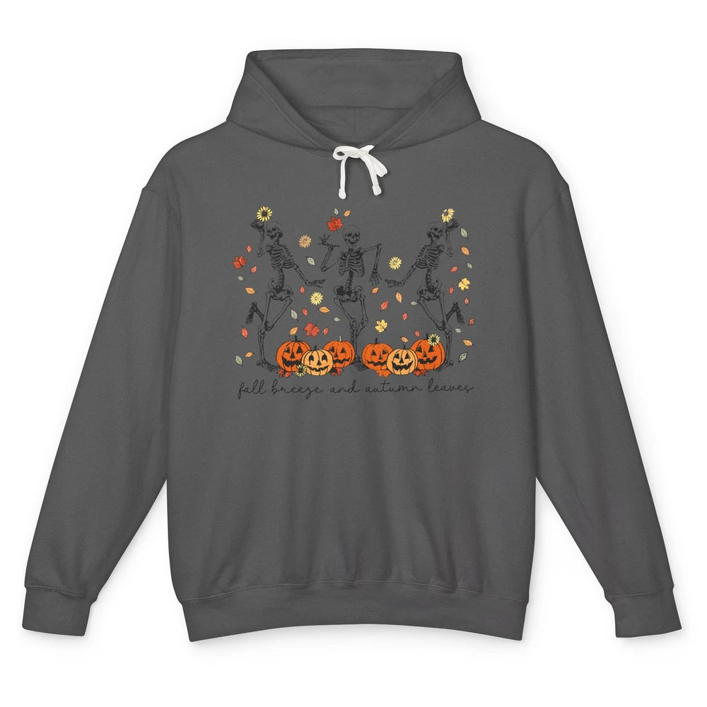 Retro Pumpkin Dancing Skeleton Fall Breeze And Autumn Leaves Unisex Lightweight Hoodie