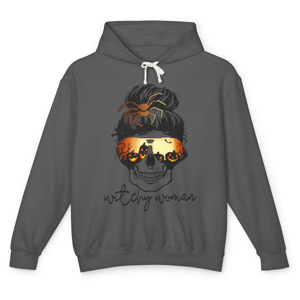 Witchy Woman Messy Bun Hair Skull Halloween Pumpkin Costume Unisex Lightweight Hoodie