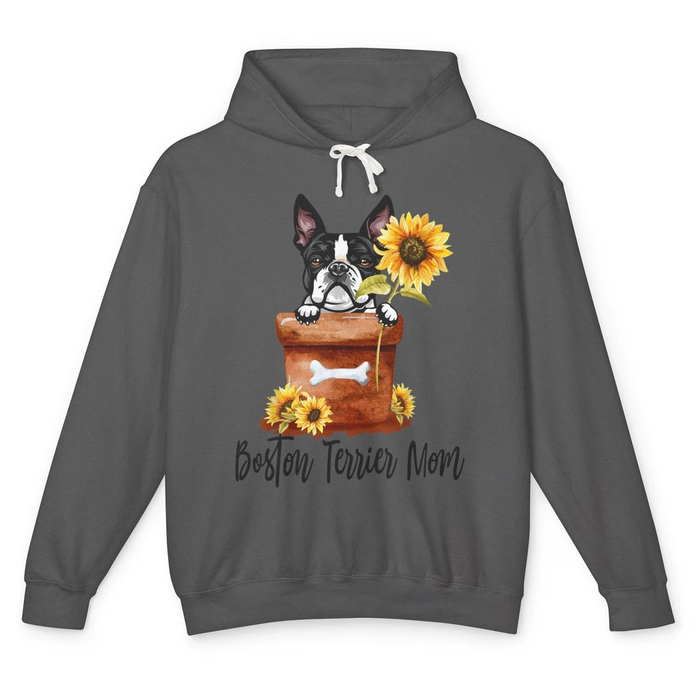 Funny Boston Terrier Dog Face Sunflowers Puppy Dog Mom Mama Unisex Lightweight Hoodie