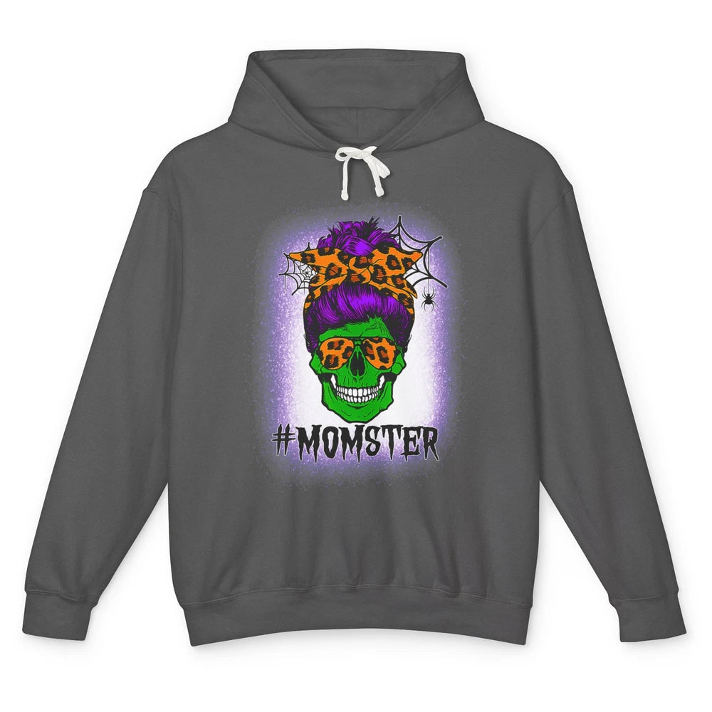 Retro Momster Messy Bun Skull Mom Halloween Spooky Mama Goth Unisex Lightweight Hoodie