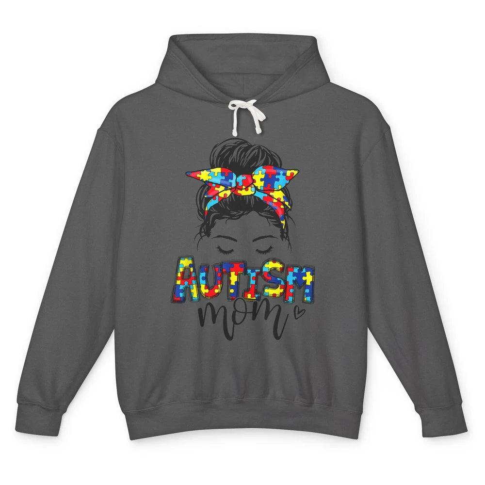 Autism Mom Messy Bun Hair Autism Awareness Puzzle Headband Unisex Lightweight Hoodie