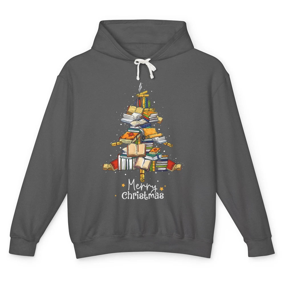 Merry Christmas Tree Reading Books Librarian Xmas Lighting Unisex Lightweight Hoodie