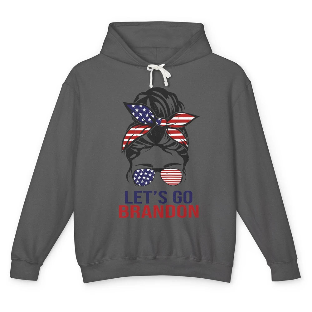 Retro US Flag Messy Bun Lets Go Brandon Conservative Liberal Unisex Lightweight Hoodie