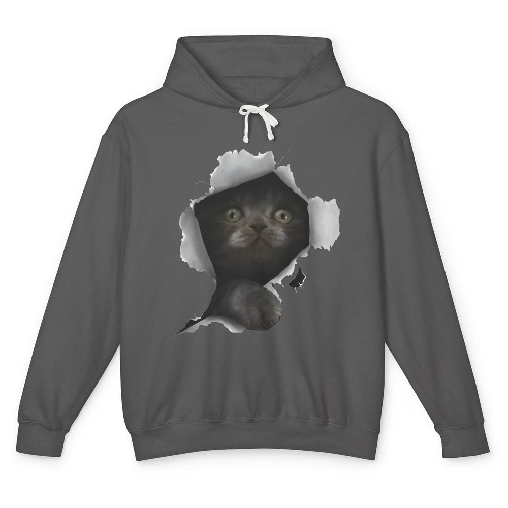 Funny Breaking Through Black Cat Sarcastic Hiding Kitten Unisex Lightweight Hoodie