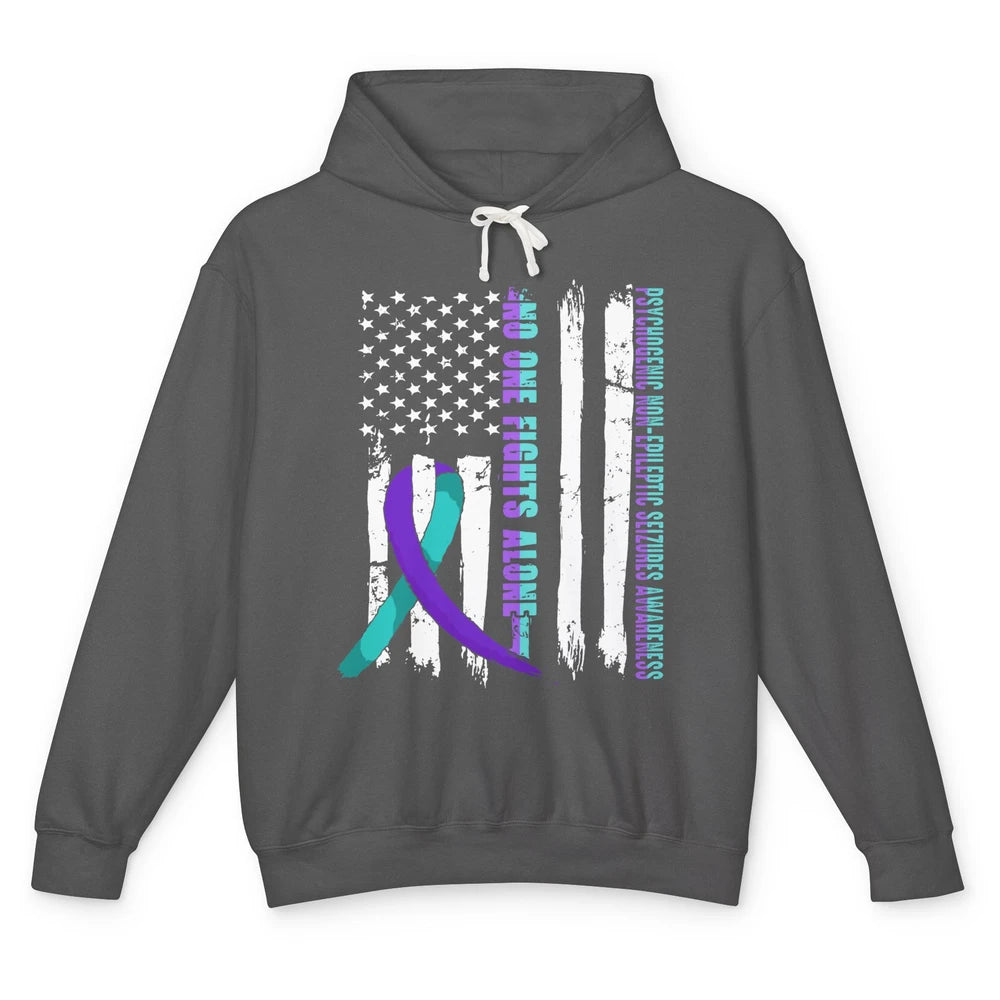 PNES Awareness Purple Teal Ribbon No One Fight Alone US Flag Unisex Lightweight Hoodie