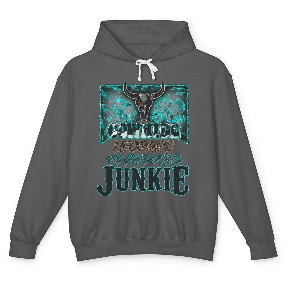 Bull Skull Cowhide Leopard Turquoise Junkie Western Country Unisex Lightweight Hoodie