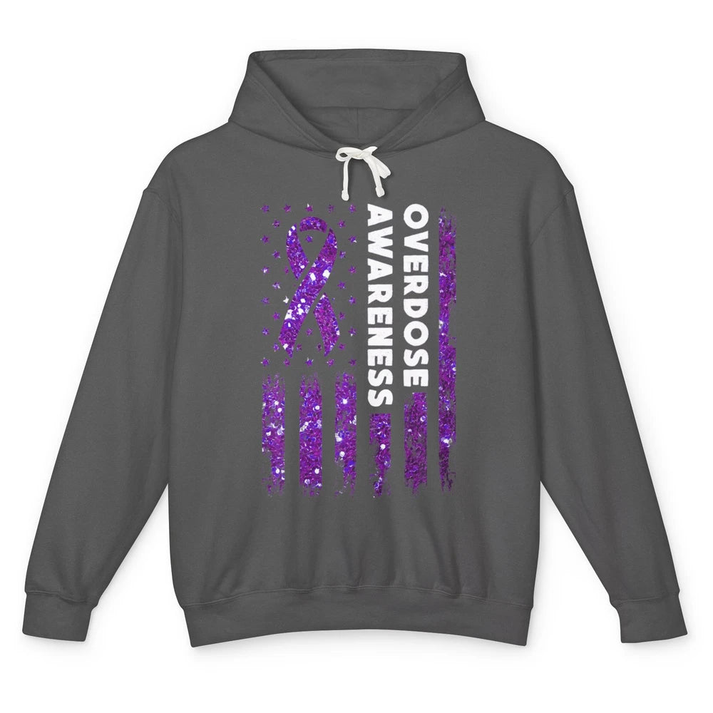 Overdose Awareness US Flag Purple Ribbon Addiction Warrior Unisex Lightweight Hoodie