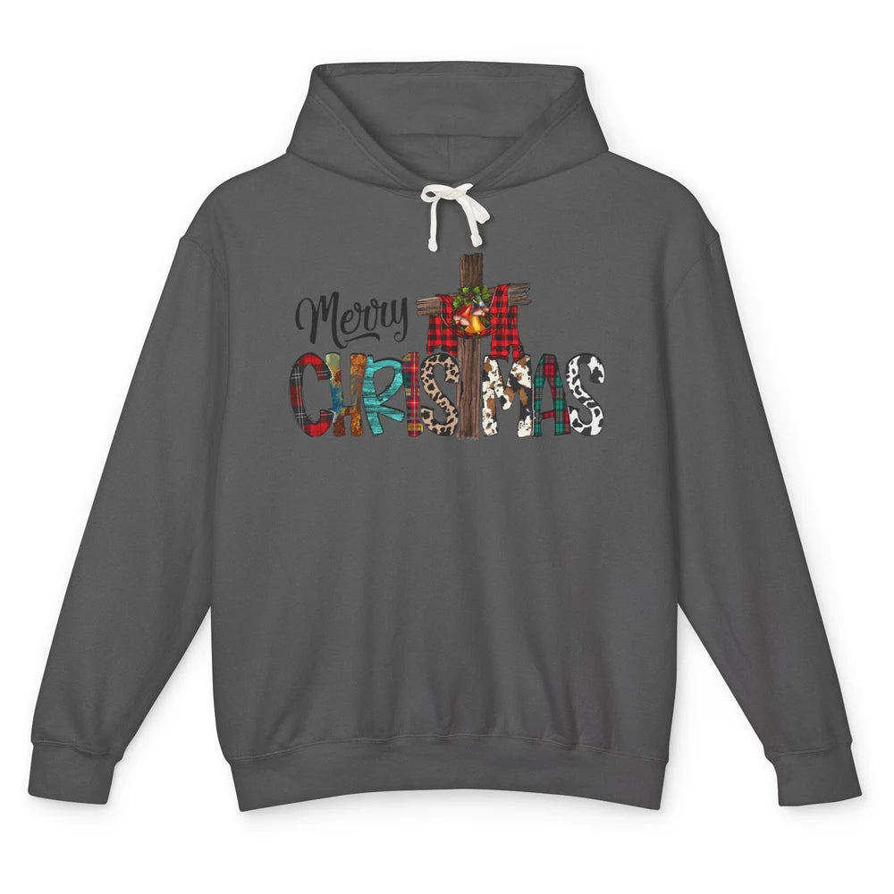 Leopard Jesus Cross Merry Christmas Christian Western Xmas Unisex Lightweight Hoodie