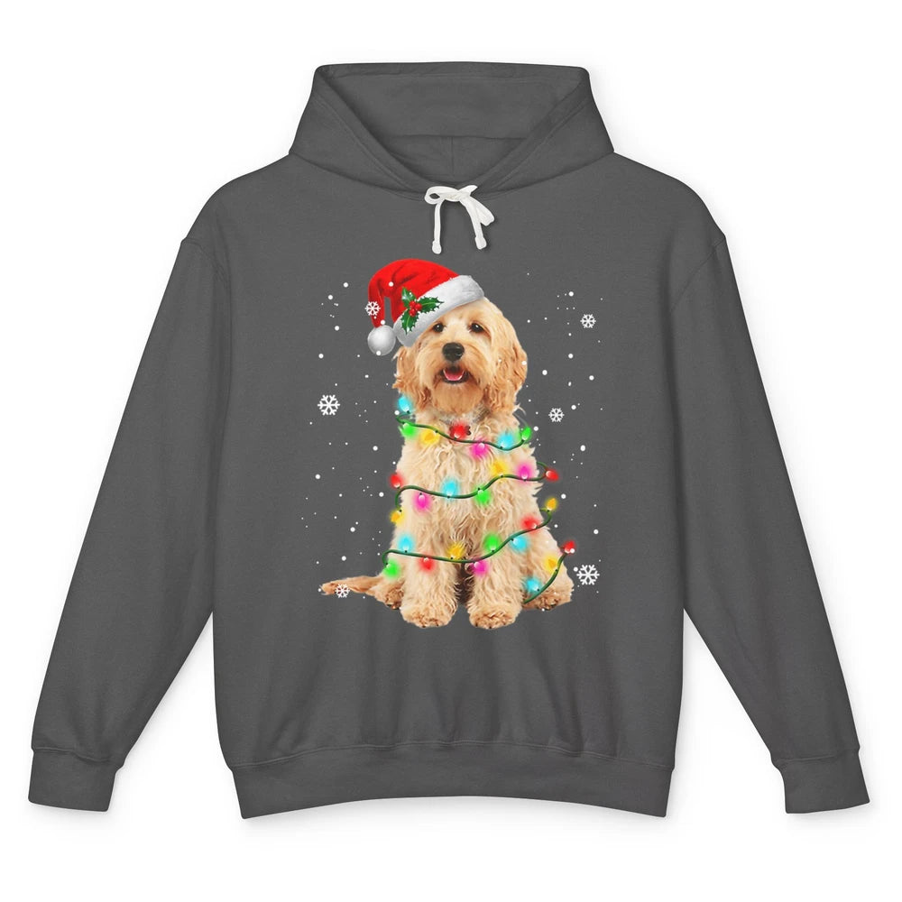 Merry Christmas Golden Doodle Dog Santa Hat Xmas Tree Lights Unisex Lightweight Hoodie