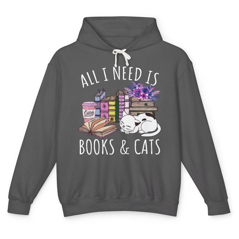 All I Need Is Books And Cats Floral Coffee Bookish Reading Unisex Lightweight Hoodie