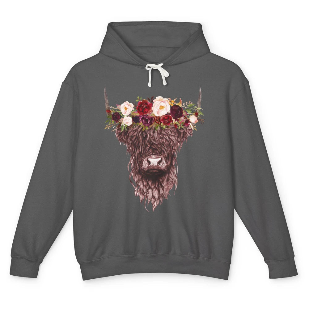 Floral Highland Cow Western Farm Animals Highland Cow Lovers Unisex Lightweight Hoodie