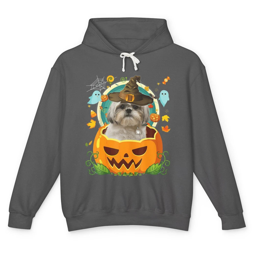 Funny Shih Tzu Dog Witch Hat Pumpkin Halloween Spooky Season Unisex Lightweight Hoodie