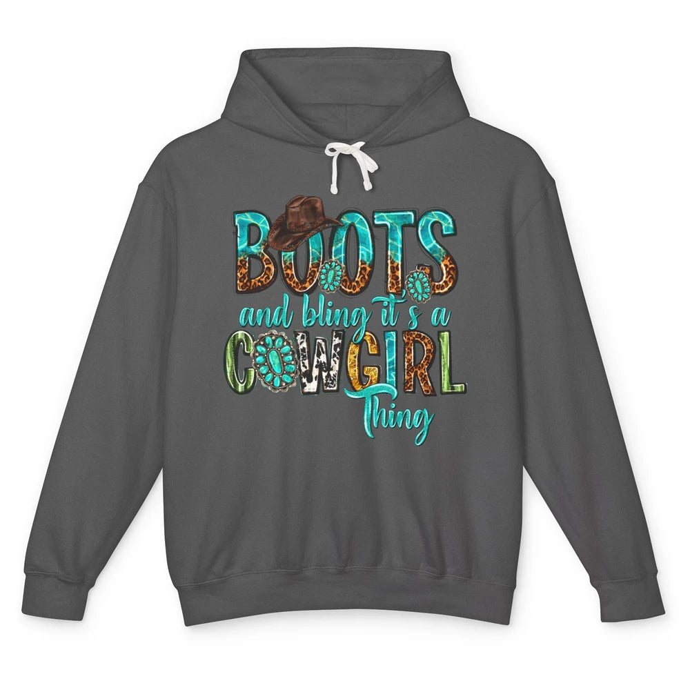 Leopard Turquoise Boots and Bling It's Cowgirl Thing Western Unisex Lightweight Hoodie