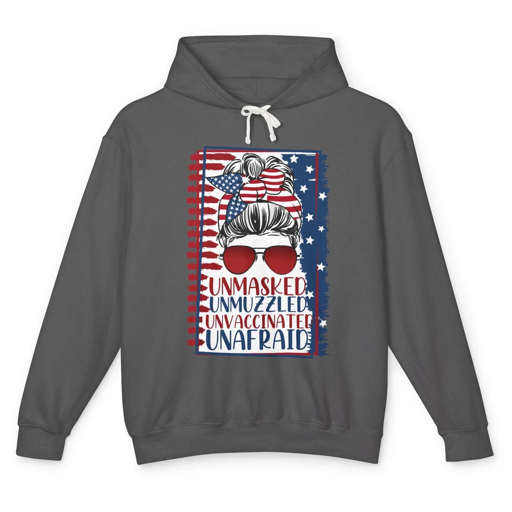 Unmasked Unmuzzled Unvaccinated Unafraid US Flag Messy Bun Unisex Lightweight Hoodie