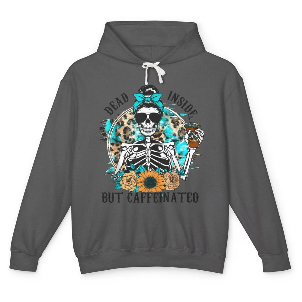 Funny Messy Bun Skull Dead Inside But Caffeinated Halloween Unisex Lightweight Hoodie