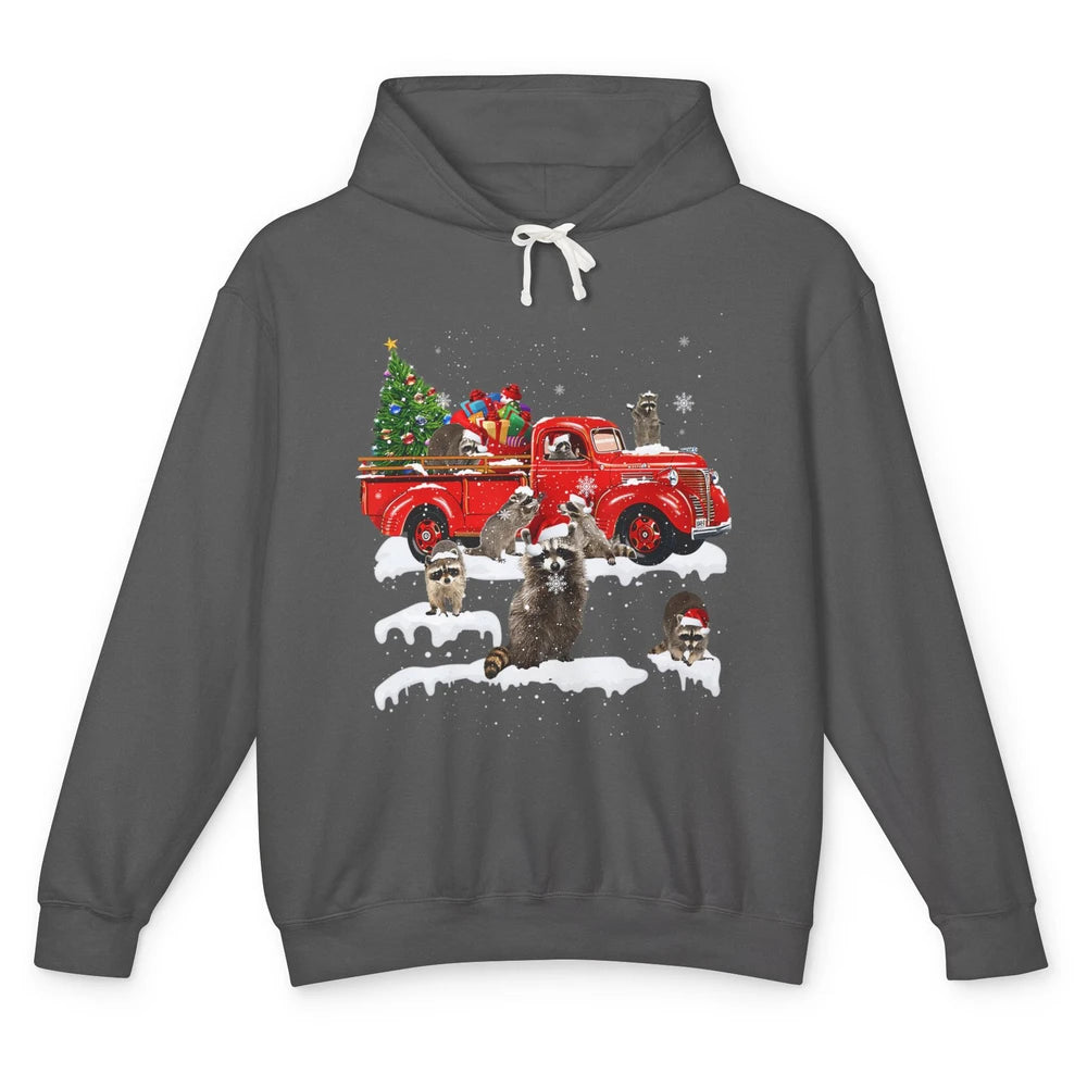 Funny Red Truck Raccoon Xmas Tree Lights Merry Christmas Unisex Lightweight Hoodie