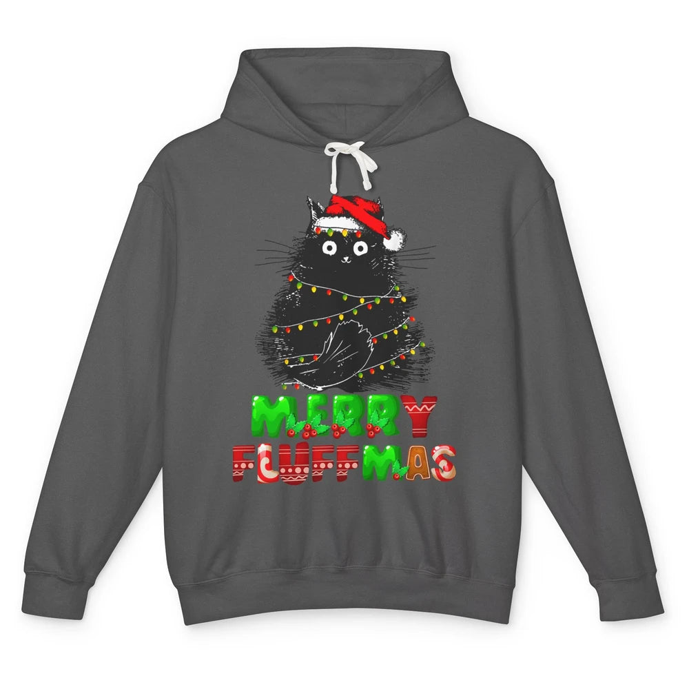 Merry Christmas Catmas Santa Hat Black Cat Xmas Lights Tree Unisex Lightweight Hoodie