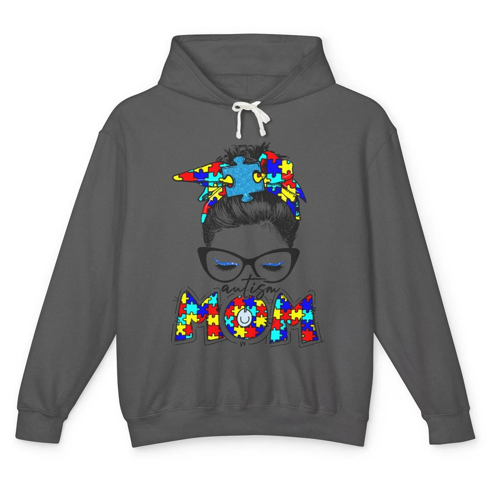 Autism Mom Messy Bun Bandana Puzzle Autism Awareness Month Unisex Lightweight Hoodie