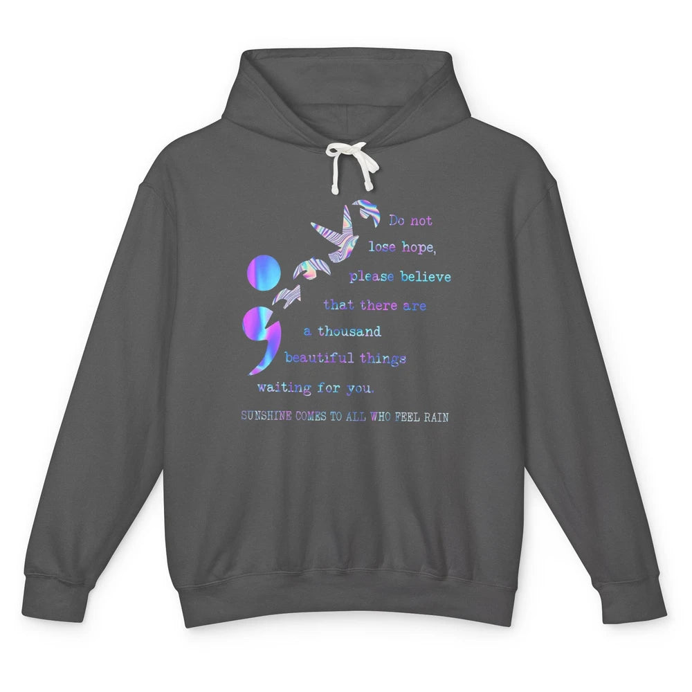 Semicolon Turquoise Ribbon Bird Suicide Prevention Month Unisex Lightweight Hoodie