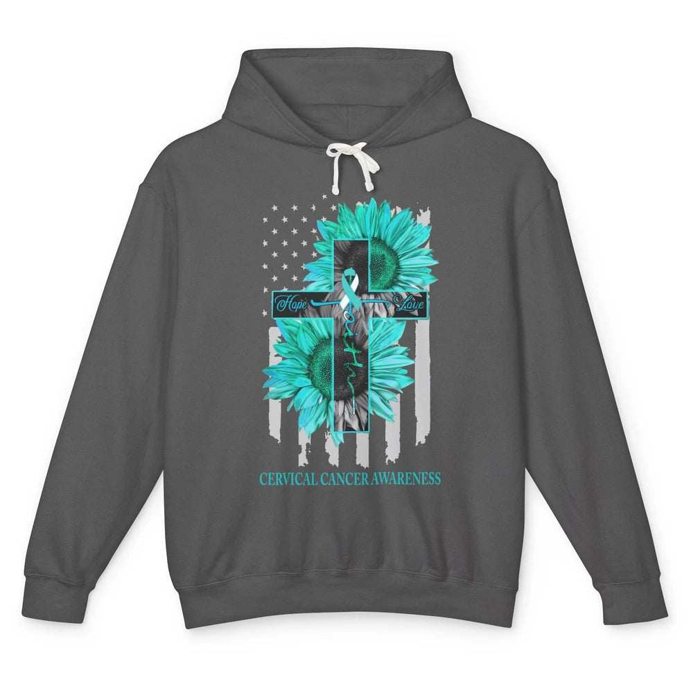 Cervical Cancer Faith Hope Turquoise US Flag Jesus Cross Unisex Lightweight Hoodie