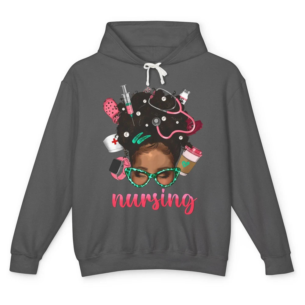 Afro Black Woman Nurse Life Nursing Therapist Messy Hair Bun Unisex Lightweight Hoodie