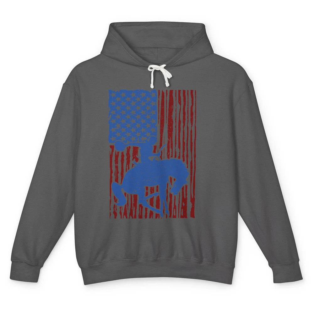 Retro US Flag Cowboy Horsing Rodeo Western July 4th Patriots Unisex Lightweight Hoodie