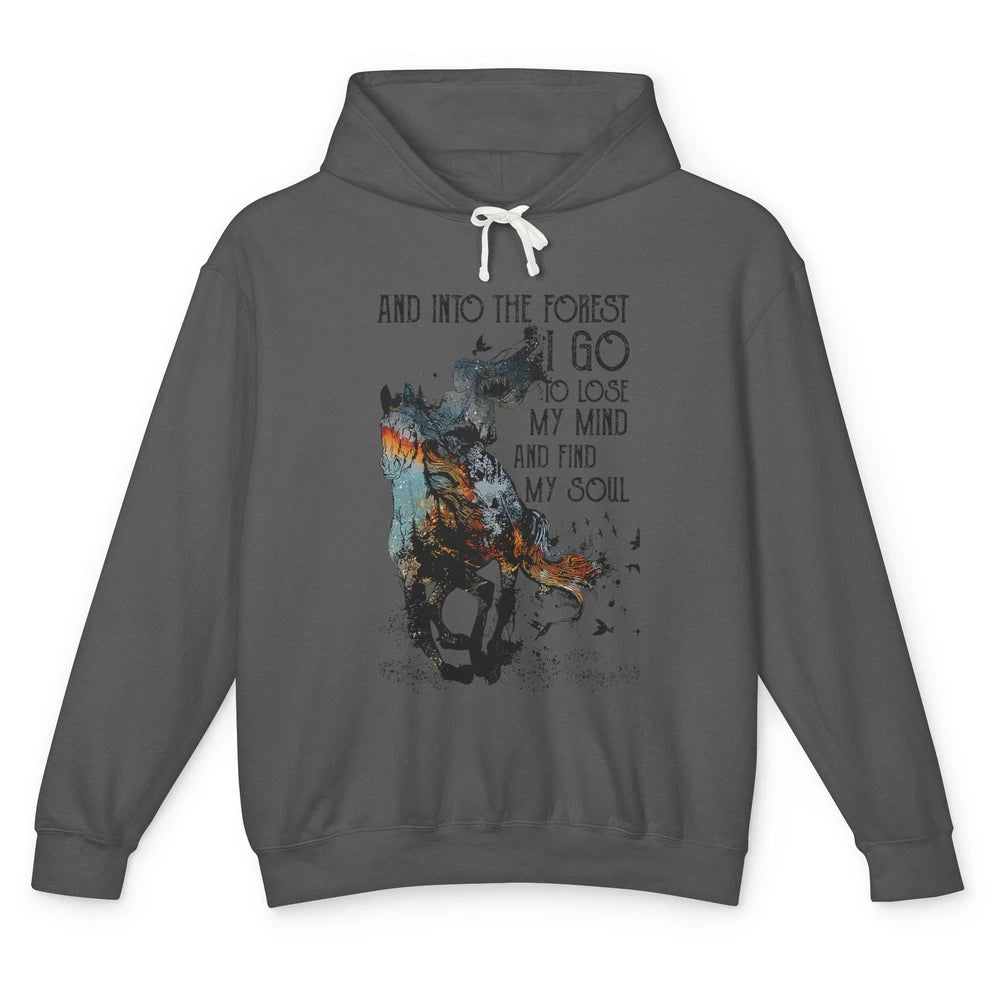 Retro Cowgirl Riding Horse Into Forest I Go Western Cowboy Unisex Lightweight Hoodie