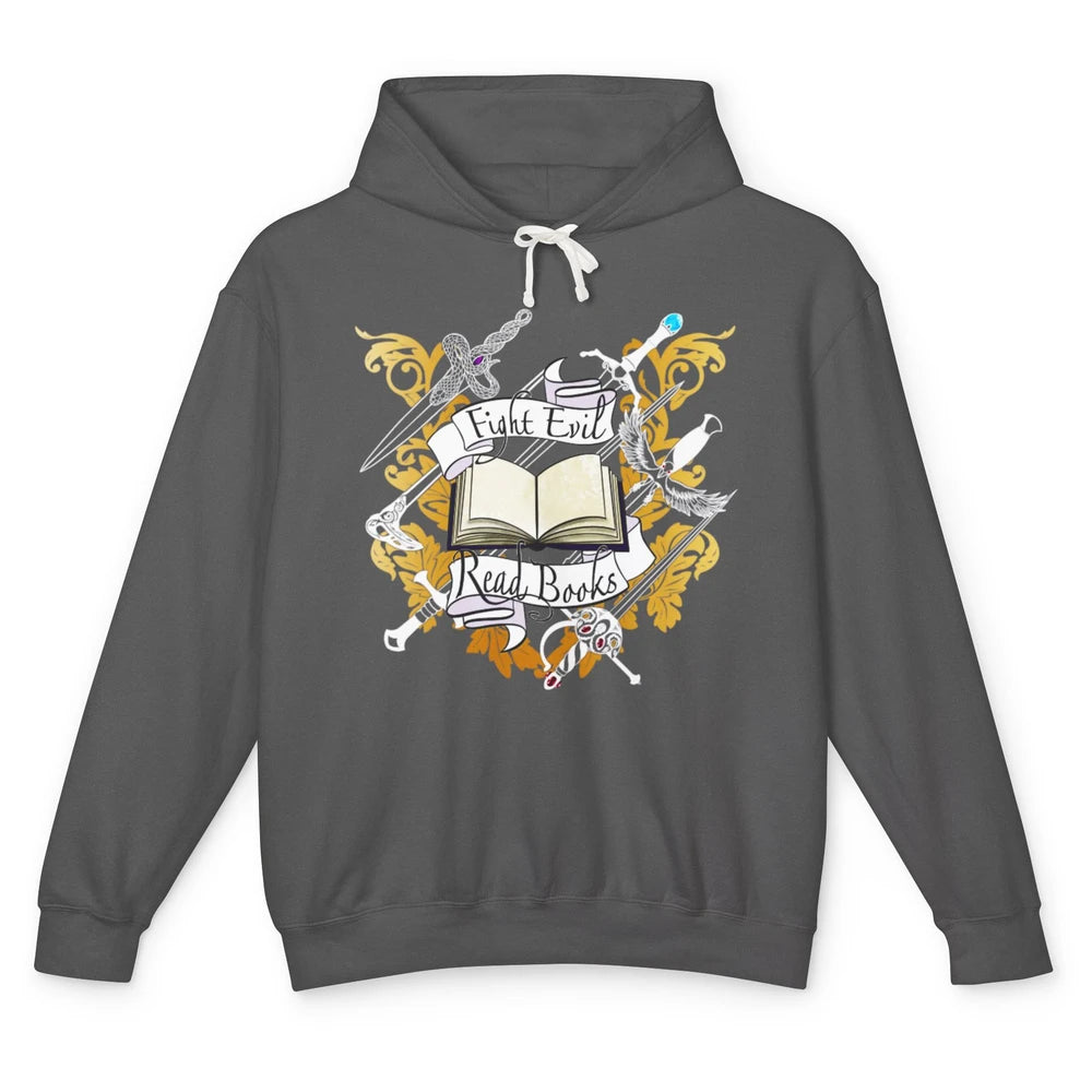 Funny Fight Evil Read Books Vintage Librarian Book Reader Unisex Lightweight Hoodie