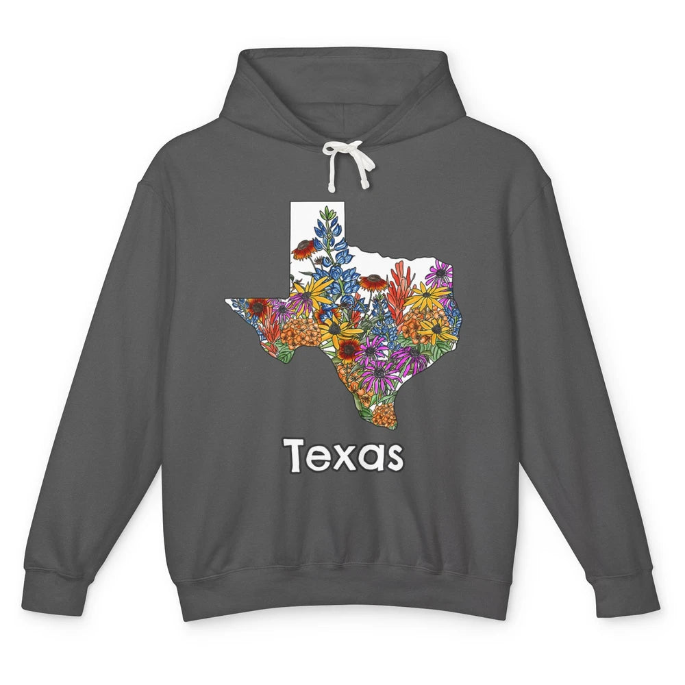 Texas Map Pride Wildflower Western Country Bluebonnet Flower Unisex Lightweight Hoodie