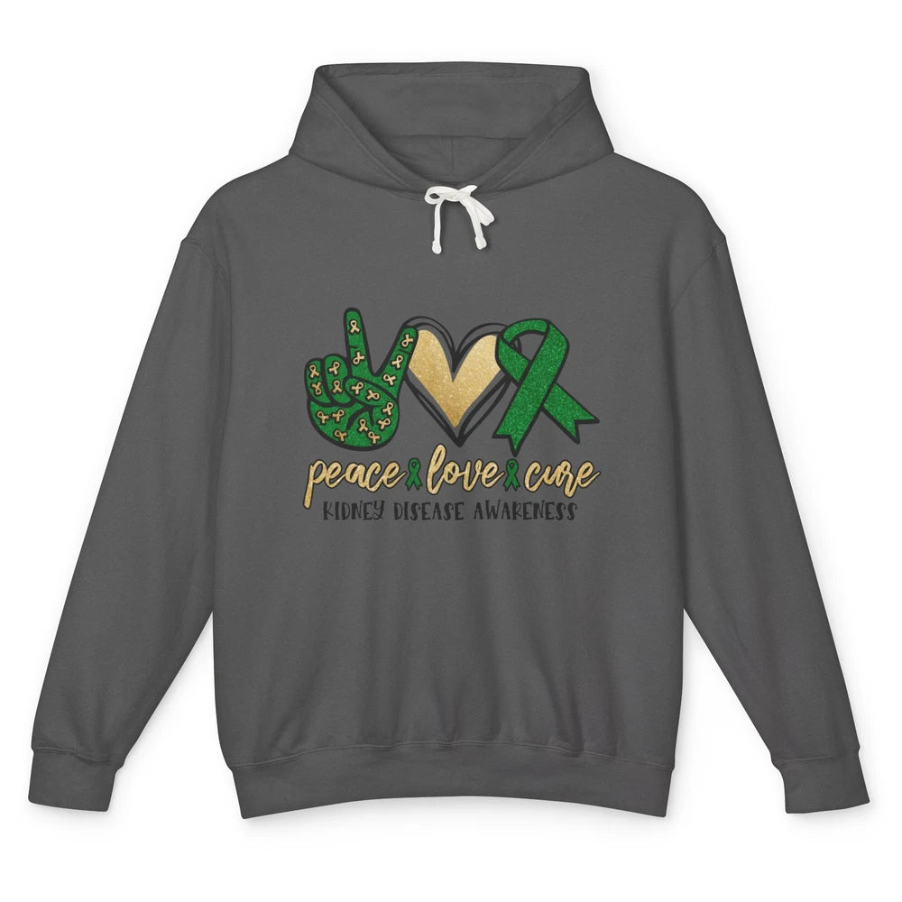 Peace Love Cure Kidney Disease Awareness Green Ribbon Heart Unisex Lightweight Hoodie