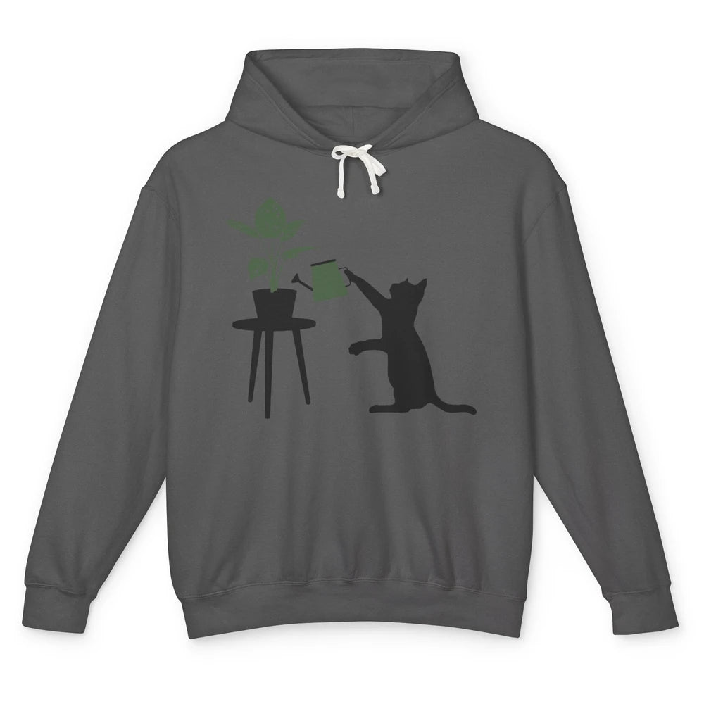 Black Cat Watering Plant Cat Gardening Planting Cat Lovers Unisex Lightweight Hoodie